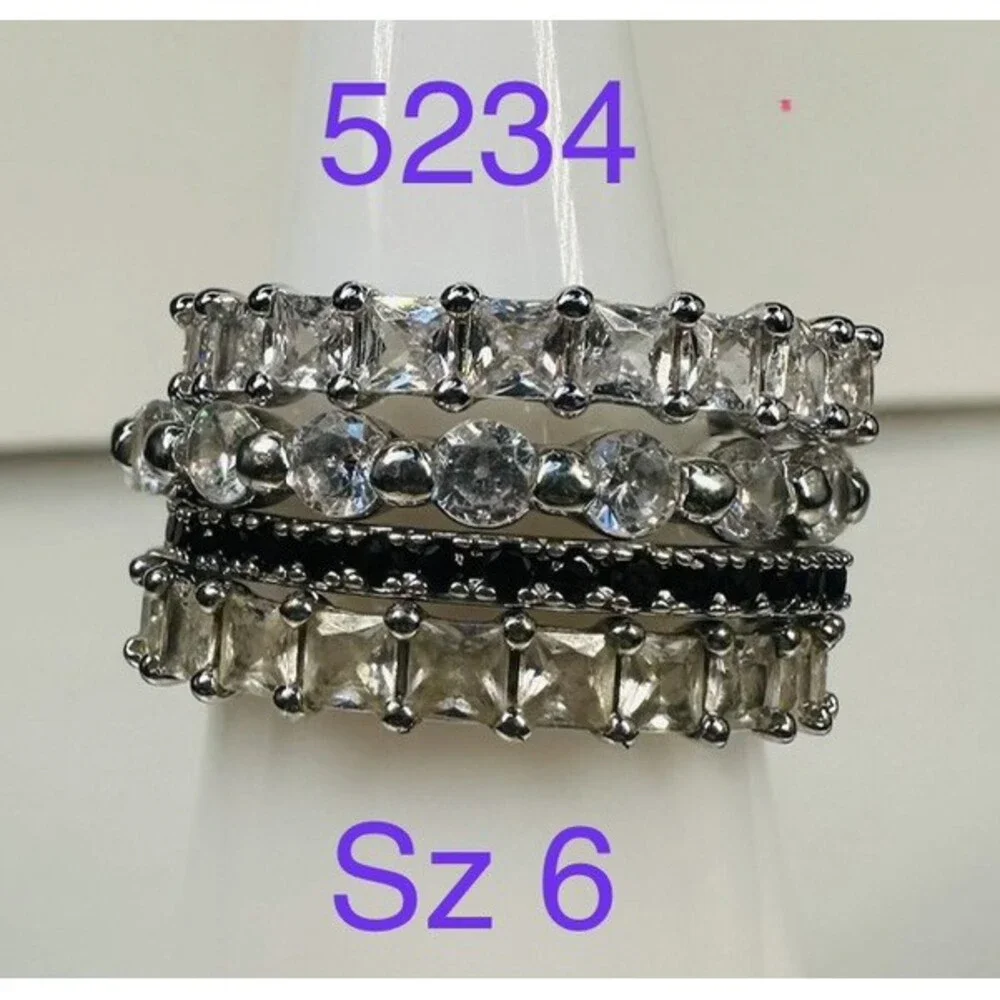 Bomb Party Size 6 4Pc Stackable Ring Set Clear Black Champagne Rhodium Plated